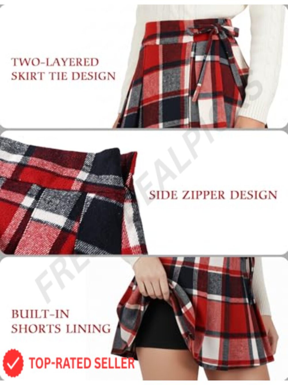 Women's Plaid Pleated Mini Skirt with Built-in Shorts, High Waist A-Line Skater - Picture 5 of 6